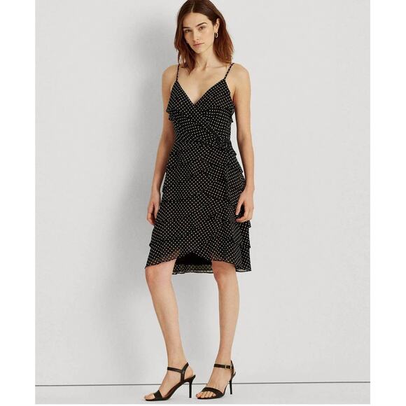 Lauren‎ Ralph Lauren Black Polka Dot Spaghetti Strap Tiered Mini Dress Sz 8 NWT - Picture 1 of 12